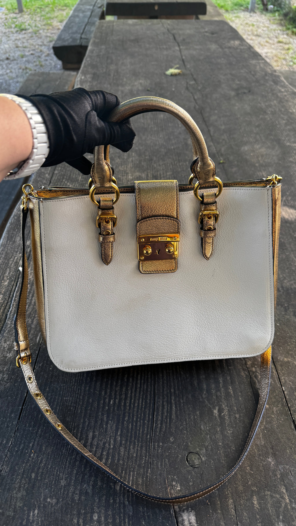 Miu Miu "Madras" in Pelle Bicolore - Panna e Oro Metallizzato