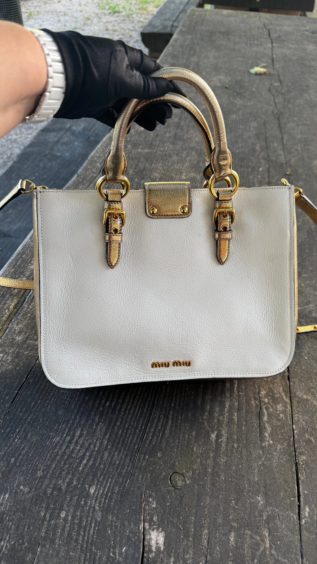 Miu Miu "Madras" in Pelle Bicolore - Panna e Oro Metallizzato