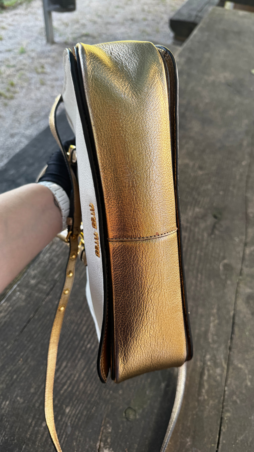 Miu Miu "Madras" in Pelle Bicolore - Panna e Oro Metallizzato