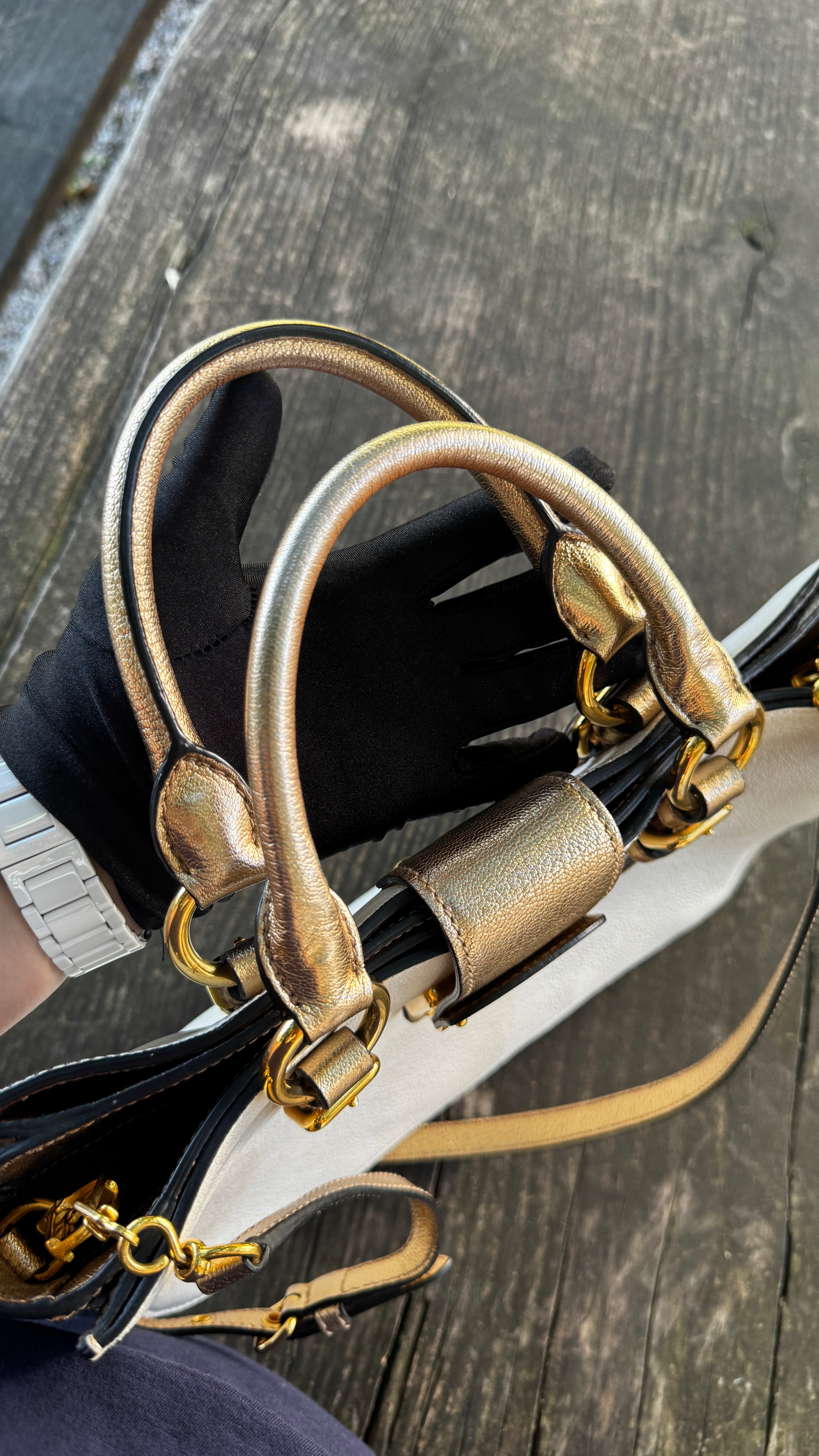 Miu Miu "Madras" in Pelle Bicolore - Panna e Oro Metallizzato