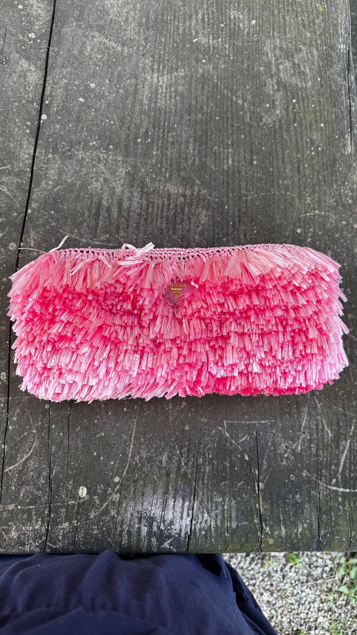 Prada Pochette Fringe Clutch in Raffia - Rosa Begonia