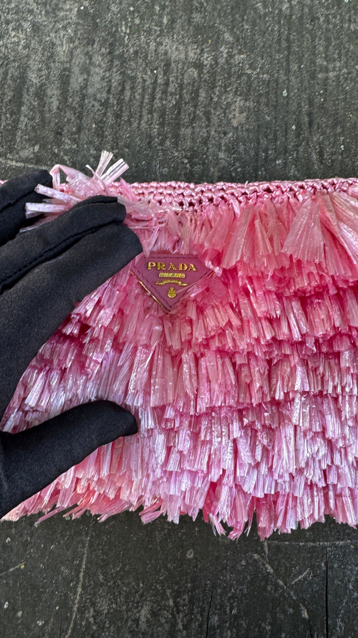 Prada Pochette Fringe Clutch in Raffia - Rosa Begonia