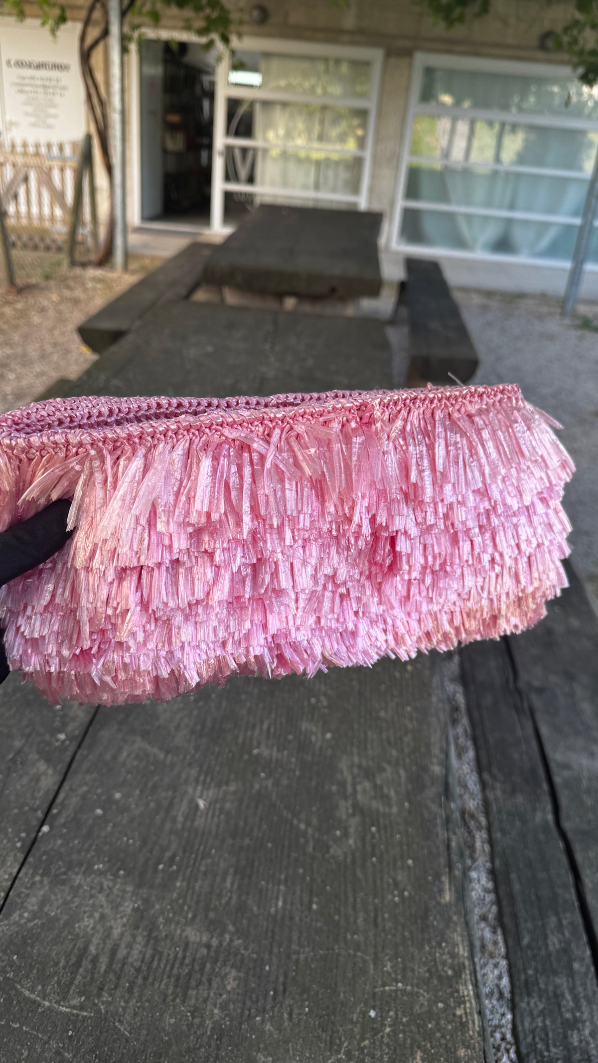 Prada Pochette Fringe Clutch in Raffia - Rosa Begonia