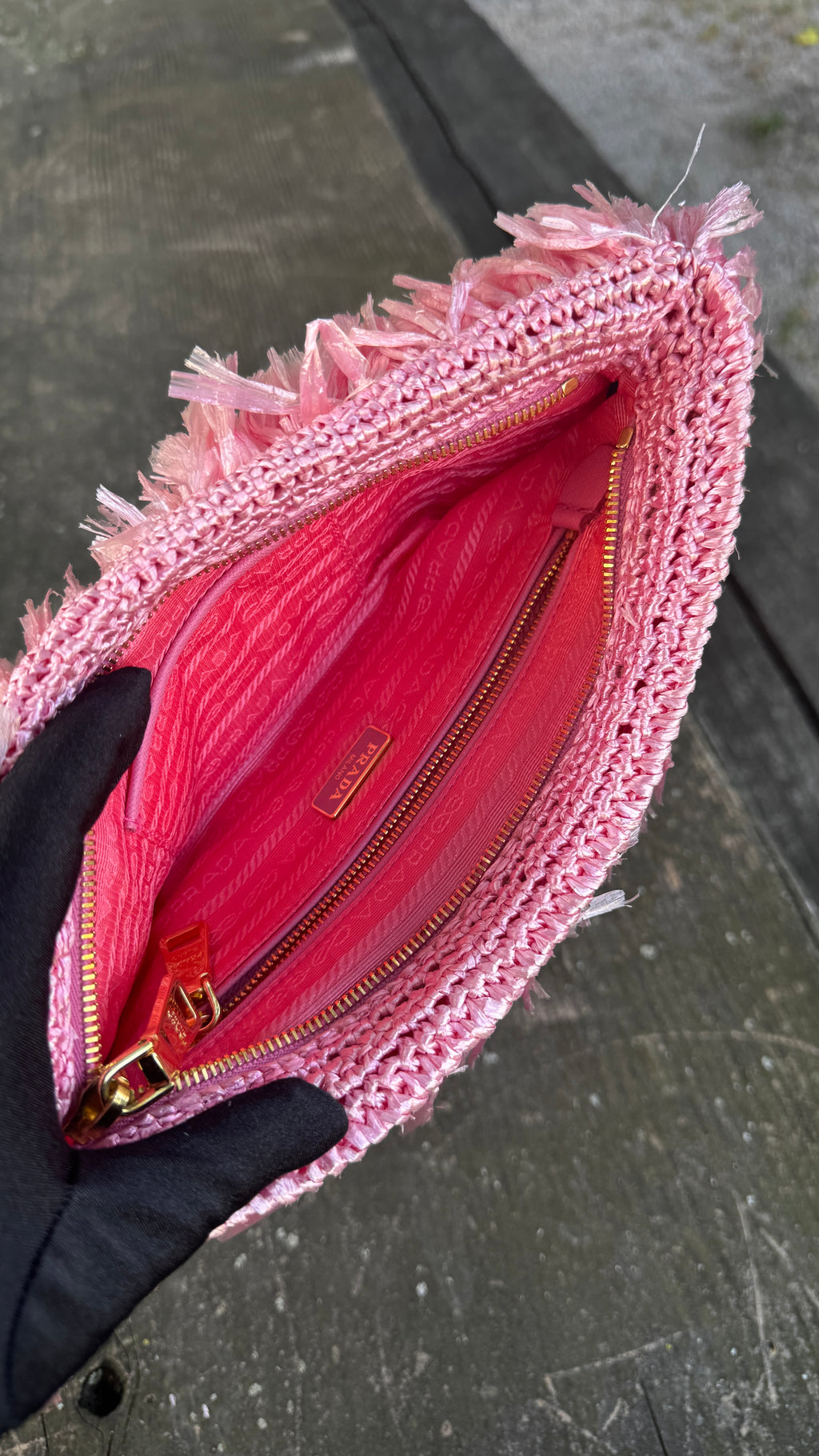 Prada Pochette Fringe Clutch in Raffia - Rosa Begonia