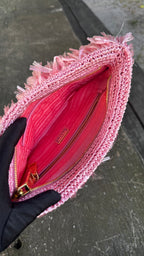 Prada Pochette Fringe Clutch in Raffia - Rosa Begonia