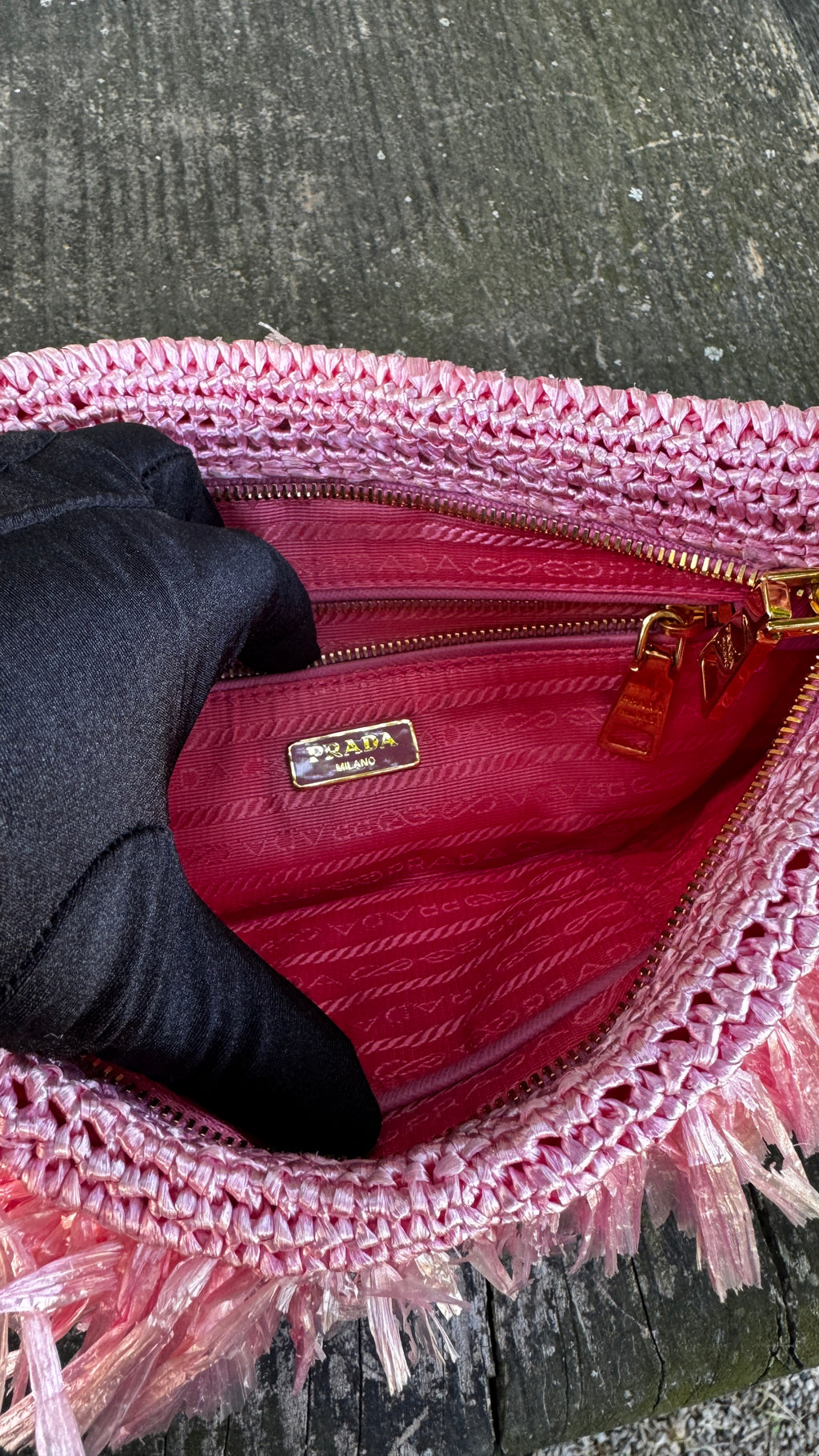 Prada Pochette Fringe Clutch in Raffia - Rosa Begonia