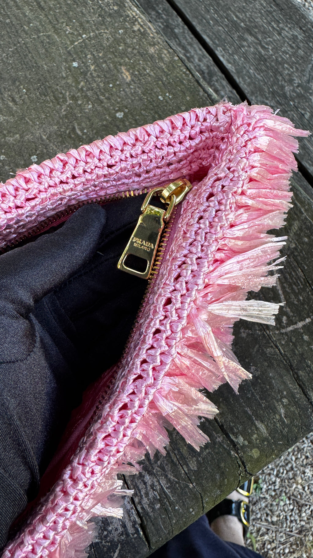 Prada Pochette Fringe Clutch in Raffia - Rosa Begonia