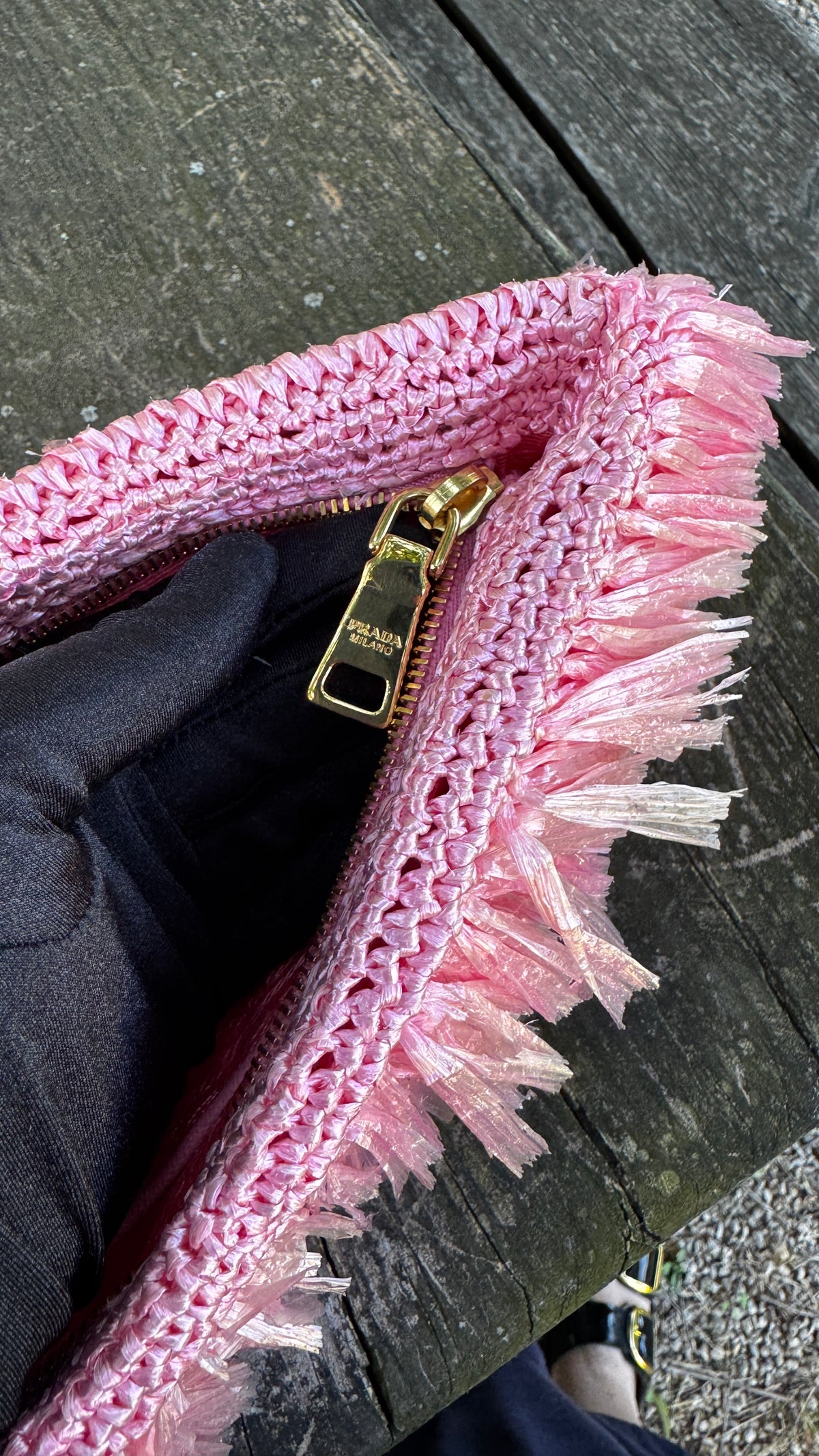 Prada Pochette Fringe Clutch in Raffia - Rosa Begonia