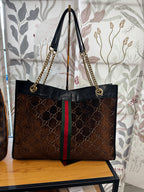 Gucci Shopping Tote Large Rajah in Velluto GG Marrone e Pelle Nera