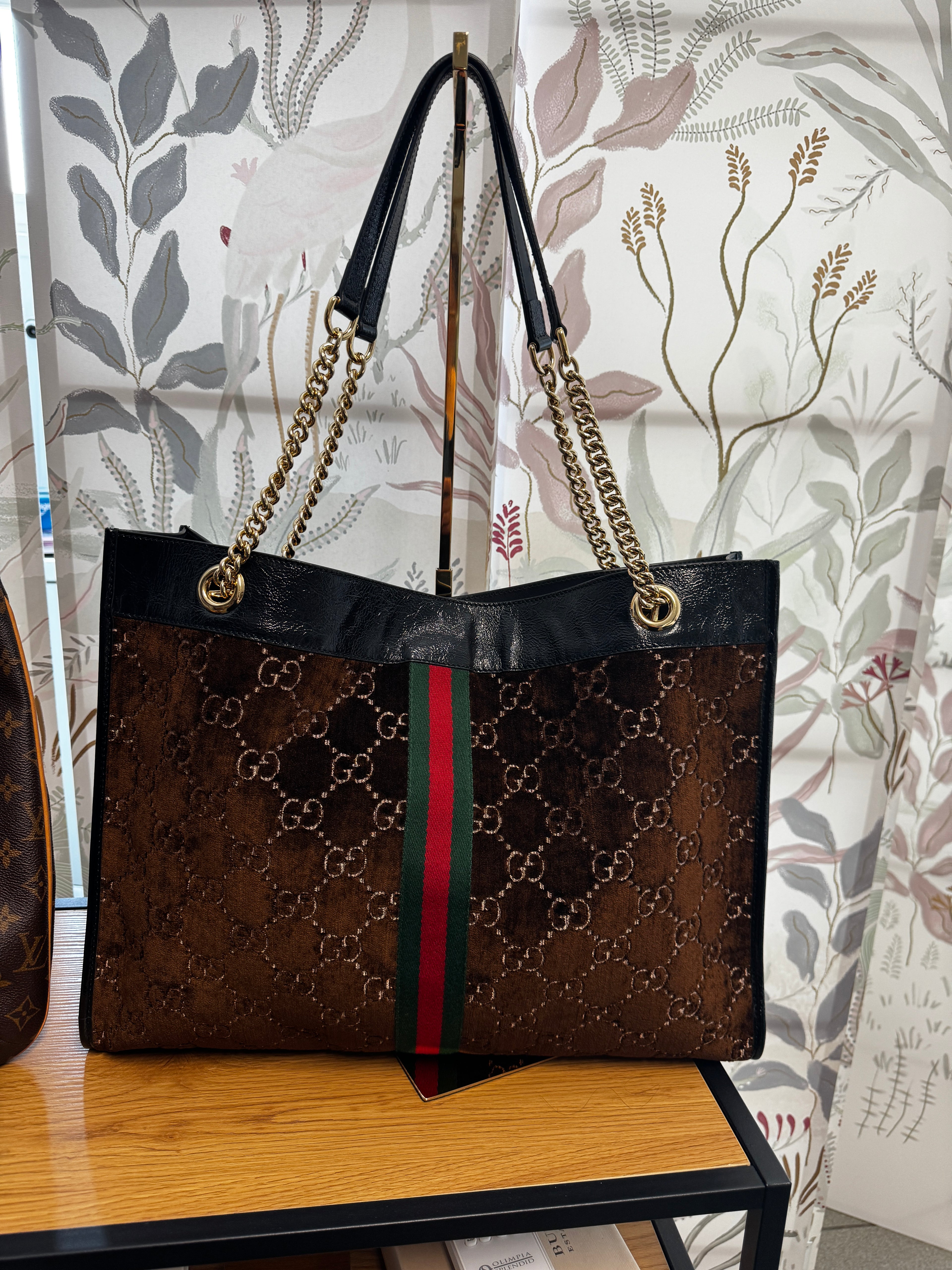 Gucci Shopping Tote Large Rajah in Velluto GG Marrone e Pelle Nera