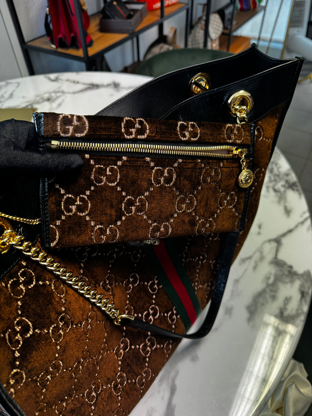 Gucci Shopping Tote Large Rajah in Velluto GG Marrone e Pelle Nera