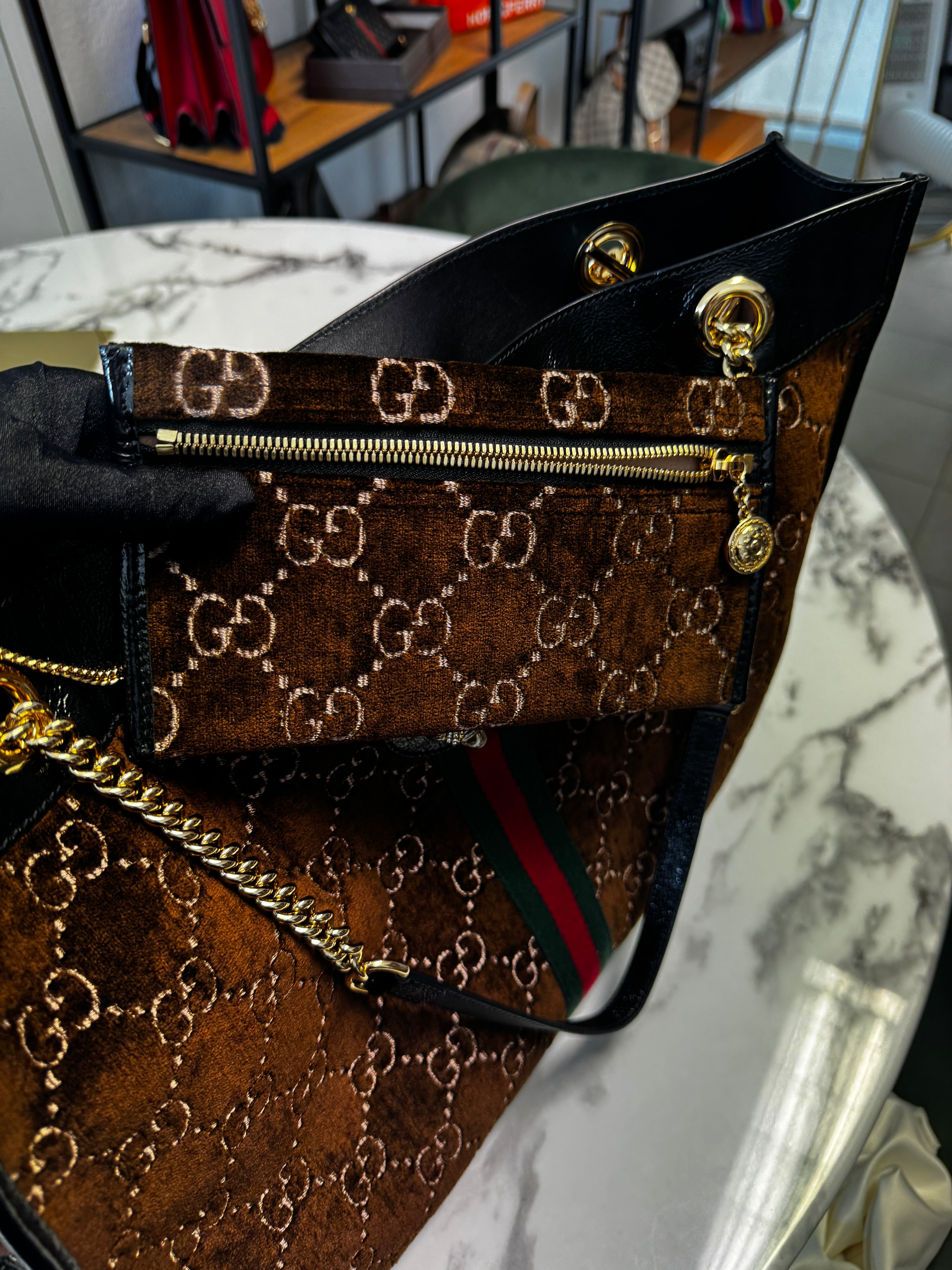 Gucci Shopping Tote Large Rajah in Velluto GG Marrone e Pelle Nera