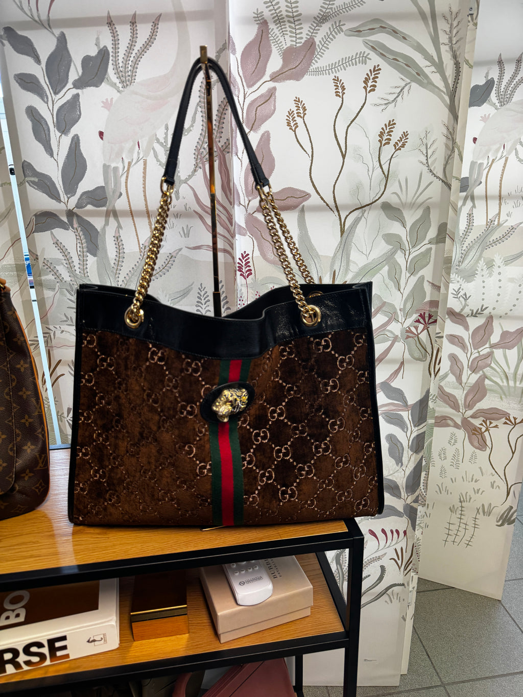 Gucci Shopping Tote Large Rajah in Velluto GG Marrone e Pelle Nera