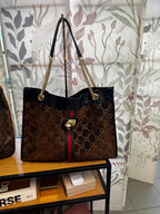 Gucci Shopping Tote Large Rajah in Velluto GG Marrone e Pelle Nera