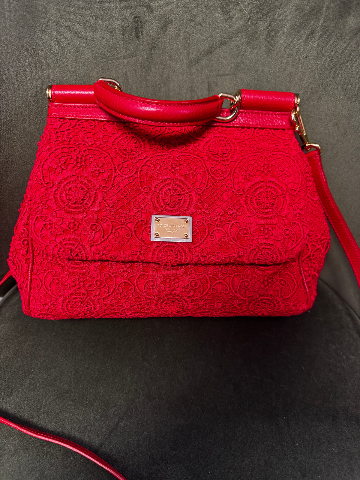 Dolce & Gabbana Miss Sicily Small in Pizzo e Pelle - Rosso Sicilia
