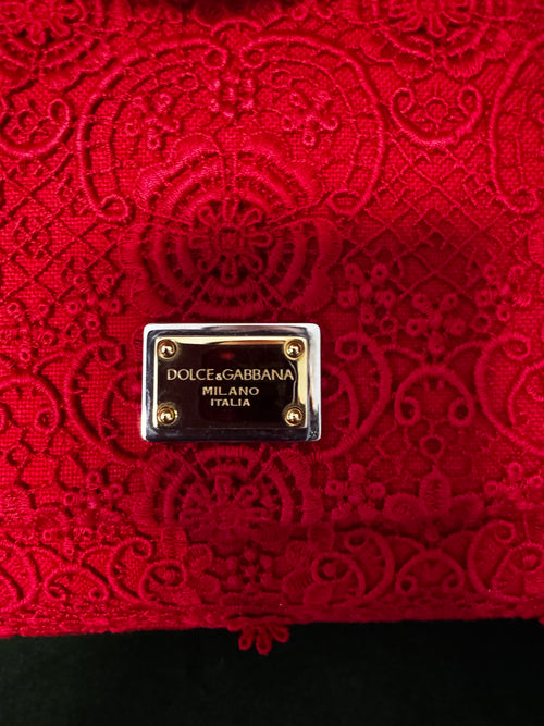 Dolce & Gabbana Miss Sicily Small in Pizzo e Pelle - Rosso Sicilia