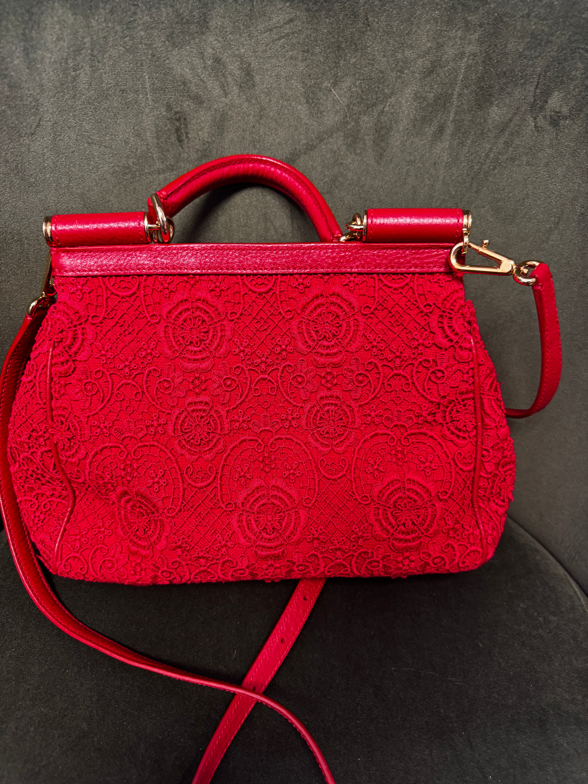 Dolce & Gabbana Miss Sicily Small in Pizzo e Pelle - Rosso Sicilia