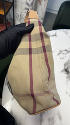 Burberry Borsa Hobo in Canvas Mega Check con Finiture in Pelle Beige