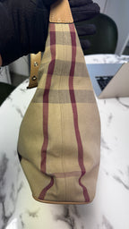 Burberry Borsa Hobo in Canvas Mega Check con Finiture in Pelle Beige