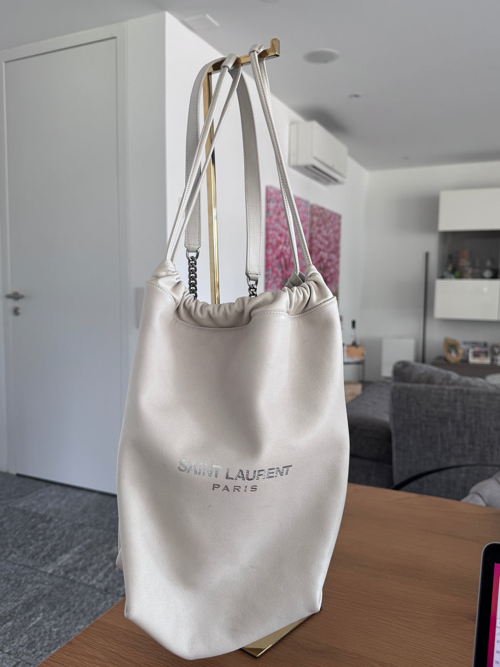 Saint Laurent Teddy Shopping Bag in Pelle - Bianco Ghiaccio